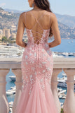Abito rosa da cerimonia in tulle applicato sirena a V