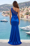 Abito da cerimonia in raso sirena blu reale con una spalla e fessura