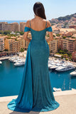 Abito da Cerimonia da sirena a spalle fredde teal scintillante con festone