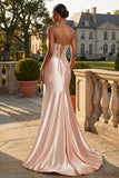 Corsetto sirena con champagne senza spalline e lungo abito da cerimonia con fessura