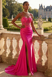 Vestito da cerimonia lungo floreale fucsia con corsetto sirena a perline