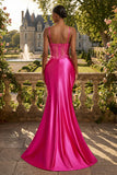 Vestito da cerimonia lungo floreale fucsia con corsetto sirena a perline