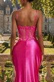 Vestito da cerimonia lungo floreale fucsia con corsetto sirena a perline