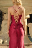 Corsetto di perline con perline in sirena bordeaux Abito da cerimonia lungo con fessura