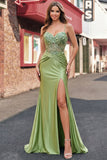 Corsetto verde sirena con spalline spaghetti abito da cerimonia lungo in raso con fessura