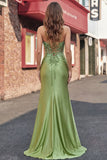 Corsetto verde sirena con spalline spaghetti abito da cerimonia lungo in raso con fessura