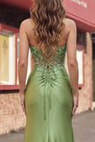 Corsetto verde sirena con spalline spaghetti abito da cerimonia lungo in raso con fessura