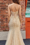 Abito da cerimonia con corsetto sirena con paillettes e champagne