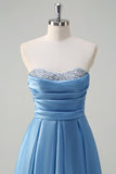 Blu A Line senza spalline corsetto plissettato Tiered Abito da ballo lungo con paillettes