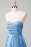 Blu A Line senza spalline corsetto plissettato Tiered Abito da ballo lungo con paillettes