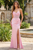 Vestito da cerimonia con corsetto sirena rosa a fiori e fessura