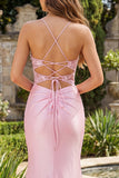Vestito da cerimonia con corsetto sirena rosa a fiori e fessura