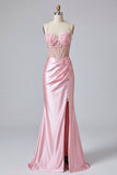 Vestito da cerimonia con corsetto sirena rosa a fiori e fessura