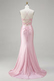 Vestito da cerimonia con corsetto sirena rosa a fiori e fessura