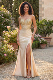 Sweetheart Champagne Corsetto sirena con perline e abito da cerimonia lungo con fessura