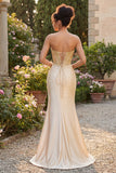 Sweetheart Champagne Corsetto sirena con perline e abito da cerimonia lungo con fessura