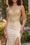 Sweetheart Champagne Corsetto sirena con perline e abito da cerimonia lungo con fessura