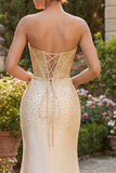 Sweetheart Champagne Corsetto sirena con perline e abito da cerimonia lungo con fessura