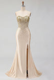 Sweetheart Champagne Corsetto sirena con perline e abito da cerimonia lungo con fessura