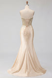 Sweetheart Champagne Corsetto sirena con perline e abito da cerimonia lungo con fessura