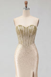 Sweetheart Champagne Corsetto sirena con perline e abito da cerimonia lungo con fessura