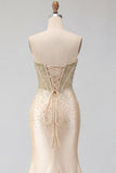 Sweetheart Champagne Corsetto sirena con perline e abito da cerimonia lungo con fessura