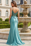 Corsetto Sirena blu con applicate e lungo vestito da cerimonia con fessura
