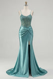 Corsetto Sirena blu con applicate e lungo vestito da cerimonia con fessura