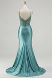 Corsetto Sirena blu con applicate e lungo vestito da cerimonia con fessura