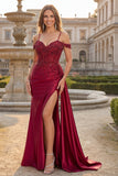 Abito da cerimonia lungo da sirena con paillettes e spalle fredde in borgogna