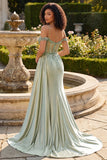 Corsetto da cerimonia a paillettes sirena verde chiaro con spalle fredde e vestito da cerimonia lungo con fessura