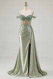 Corsetto da cerimonia a paillettes sirena verde chiaro con spalle fredde e vestito da cerimonia lungo con fessura