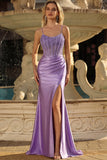 Abito da cerimonia sirena color corsetto lavanda con fessura