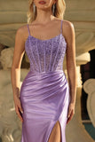 Abito da cerimonia sirena color corsetto lavanda con fessura