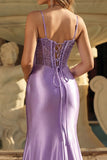 Abito da cerimonia sirena color corsetto lavanda con fessura