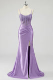 Abito da cerimonia sirena color corsetto lavanda con fessura