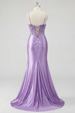Abito da cerimonia sirena color corsetto lavanda con fessura