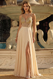 Champagne Sequin A Line Corsetto trasparente Abito da cerimonia lungo con fessura