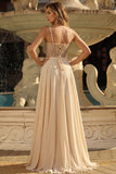 Champagne Sequin A Line Corsetto trasparente Abito da cerimonia lungo con fessura