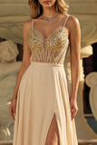 Champagne Sequin A Line Corsetto trasparente Abito da cerimonia lungo con fessura