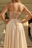 Champagne Sequin A Line Corsetto trasparente Abito da cerimonia lungo con fessura