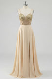 Champagne Sequin A Line Corsetto trasparente Abito da cerimonia lungo con fessura