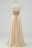 Champagne Sequin A Line Corsetto trasparente Abito da cerimonia lungo con fessura