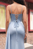 Corsetto blu polveroso sirena con pizzi sul retro Abito da cerimonia lungo con fessura