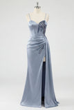 Corsetto blu polveroso sirena con pizzi sul retro Abito da cerimonia lungo con fessura