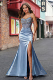 Vestito da cerimonia Sirena con corsetto di perline grigio blu