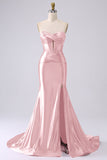 Corsetto sirena di raso fucsia senza spalline Abito da cerimonia lungo PLus size con fessura