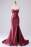Corsetto sirena di raso fucsia senza spalline Abito da cerimonia lungo PLus size con fessura