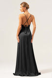 Borgogna A Line Spaghetti Straps Backless Satin Abito da damigella d'onore lungo con fessura