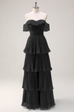 Eucalipto A linea Off the Spalla Tiered Pleted Abito da damigella d'onore lungo con fessura